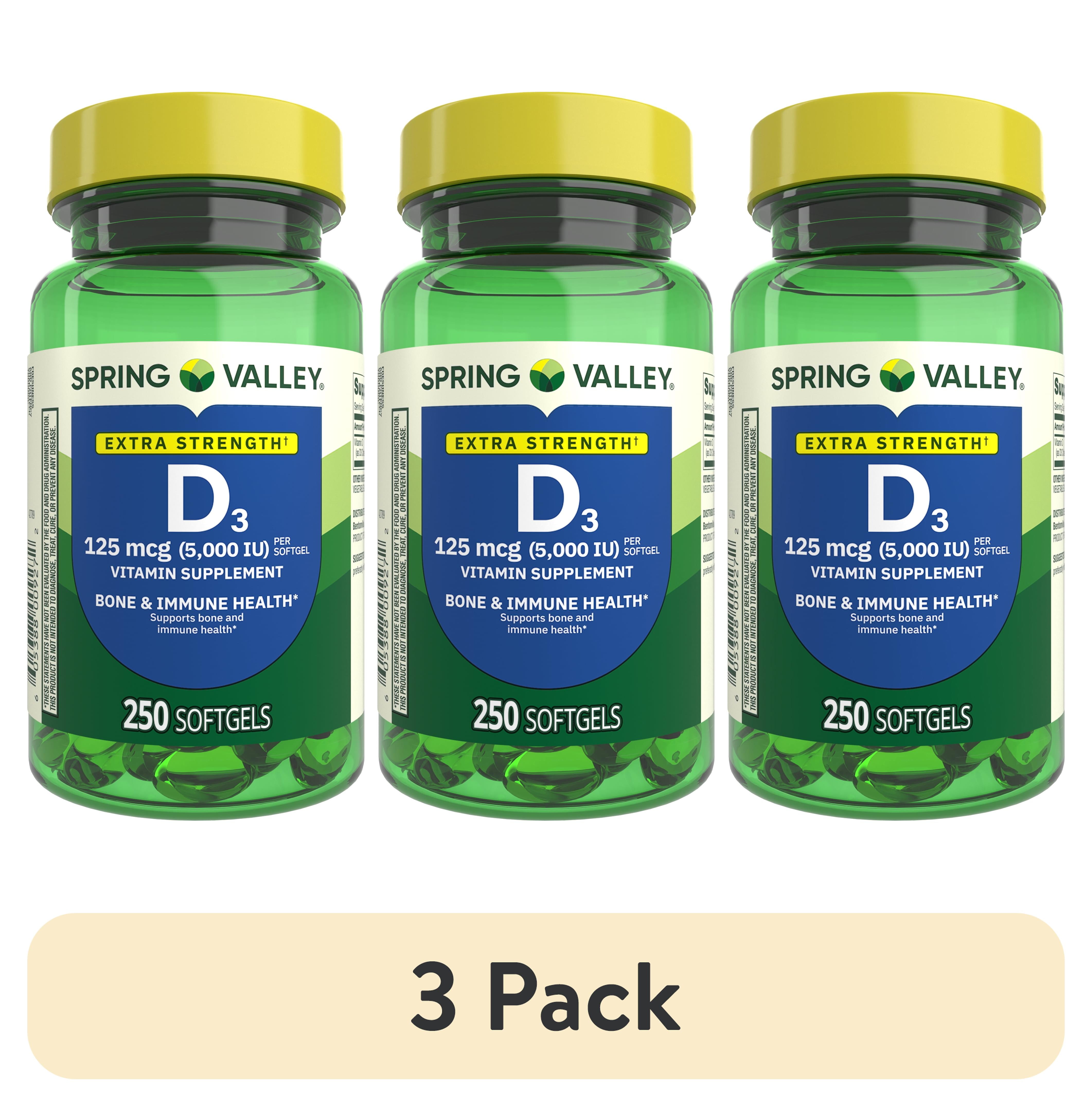(3 pack) Spring Valley Extra Strength Vitamin D3 Softgels, 125 mcg (5000 IU), 250 Count, Supplement for Bone and Immune Health