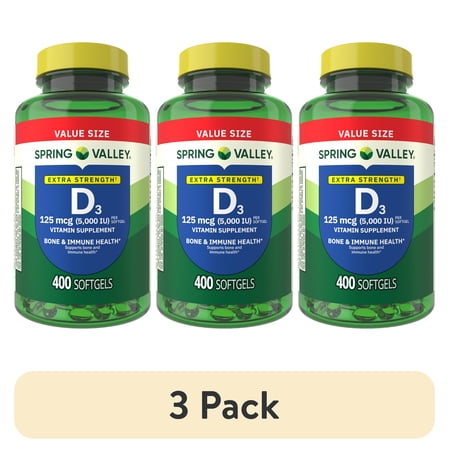 (3 pack) Spring Valley Extra Strength Vitamin D3, 125 mcg (5000 IU), 400 Count, Supplement Softgels for Bone and Immune Health