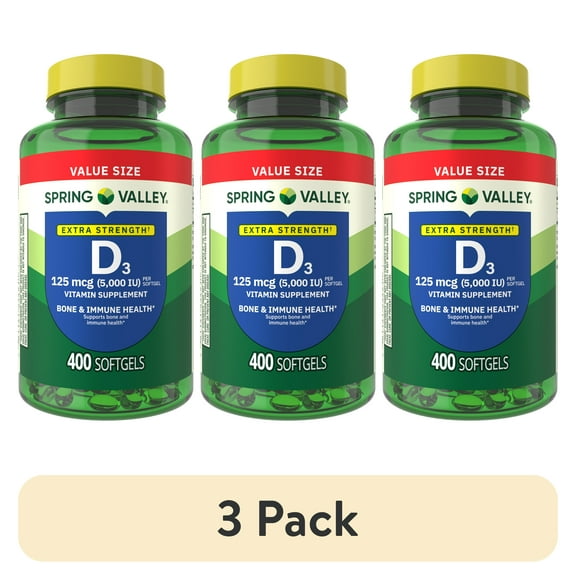 (3 pack) Spring Valley Extra Strength Vitamin D3, 125 mcg (5000 IU), 400 Count, Supplement Softgels for Bone and Immune Health