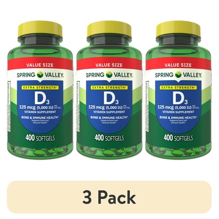 (3 pack) Spring Valley Extra Strength Vitamin D3, 125 mcg (5000 IU), 400 Count, Supplement Softgels for Bone and Immune Health