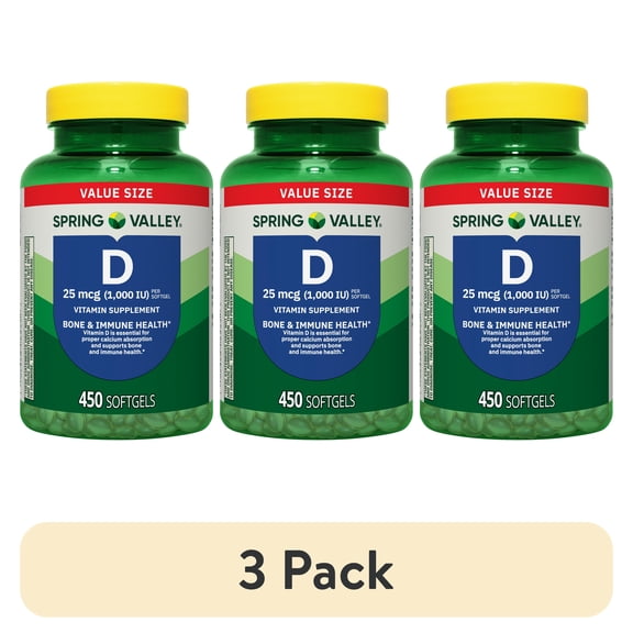 (3 pack) Spring Valley Vitamin D3 Softgels, 25 mcg (1000 IU), 450 Count, Supplement for Bone and Immune Health