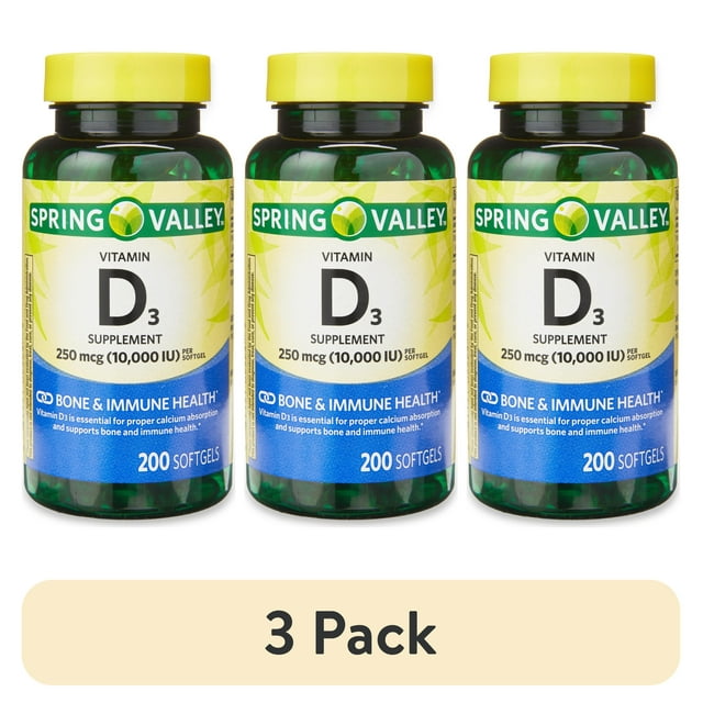 (3 pack) Spring Valley Vitamin D3 Supplement Softgels for Bone and Immune Health, 250 mcg (10,000 IU), 200 count