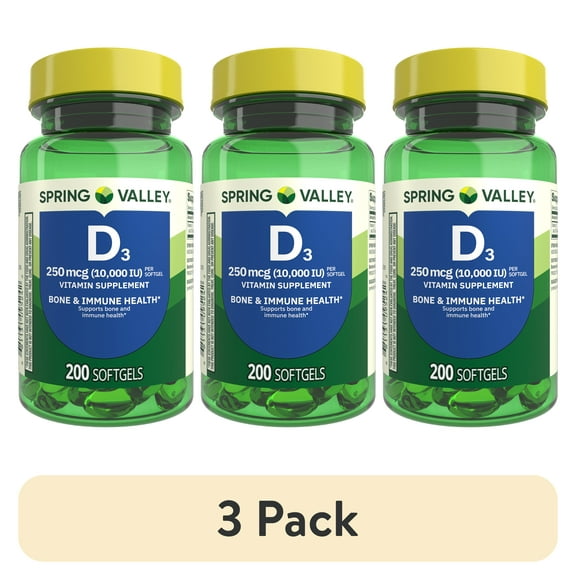 (3 pack) Spring Valley Vitamin D3 Softgels, 250 mcg (10,000 IU), 200 count, Supplement for Bone and Immune Health