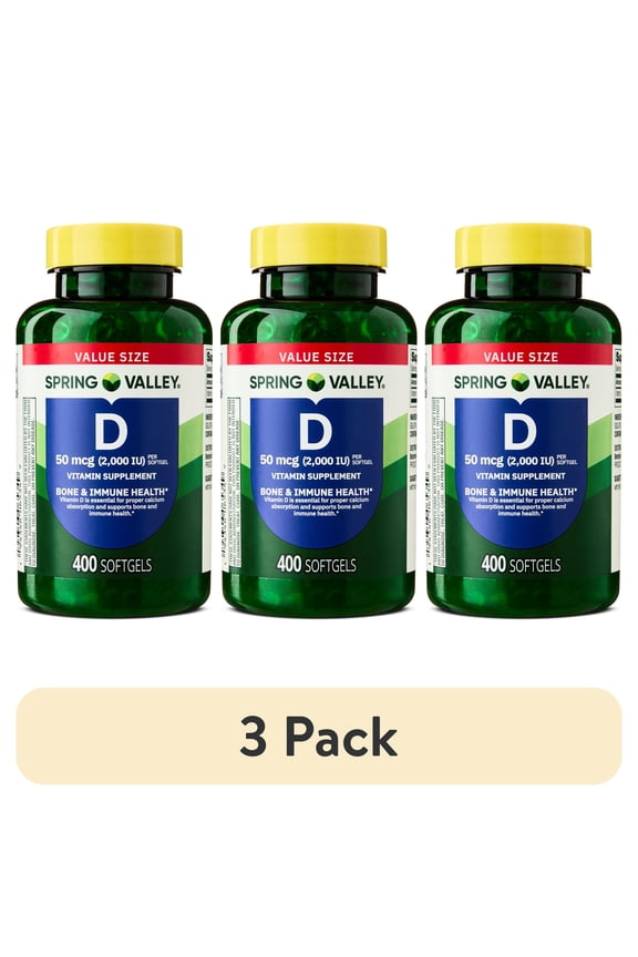 (3 pack) Spring Valley Vitamin D3 Softgels, 50 mcg (2,000 IU), 400 Count, Supplement for Bone and Immune Health