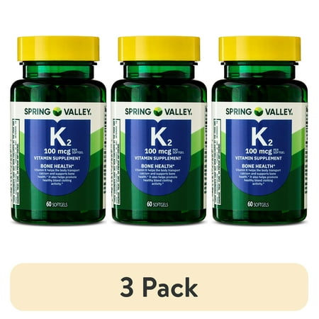 (3 pack) Spring Valley Vitamin K2 Soft Gel Capsules, 100mcg, 60 Count, Bone Health Supplement