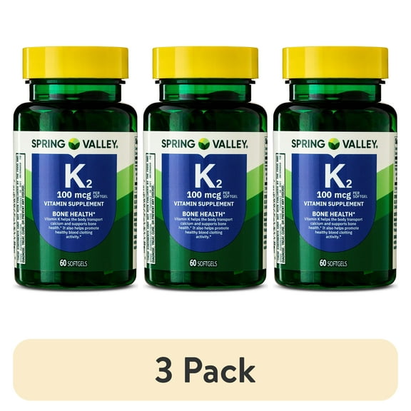 (3 pack) Spring Valley Vitamin K2 Supplement, Soft Gel Capsules, 100 Mcg, 60 Count
