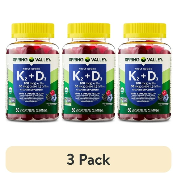(3 pack) Spring Valley Vitamin K2 + Vitamin D3 Supplement Vegetarian Gummies for Bone and Immune Health, Mixed Berry, 60 Count
