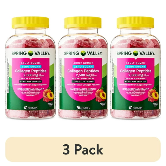 (3 pack) Spring Valley Zero Sugar Collagen Peptides 2500mg Gummy, 60 Count
