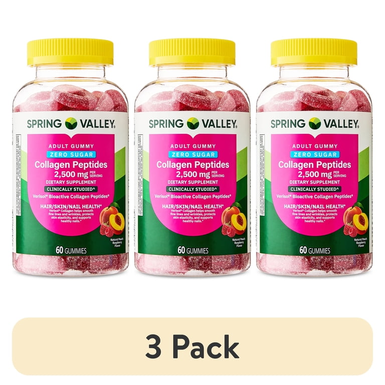 3 pack) Spring Valley Zero Sugar Collagen Peptides 2500mg Gummy, 60 Count -  Walmart.com