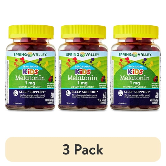 (3 pack) Spring Valley Zero Sugar Kids Melatonin Sleep Support Dietary Supplement Gummies, Blackberry and Raspberry, 1 mg, 60 Count