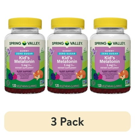 (3 pack) Spring Valley Zero Sugar Kids Melatonin Sleep Support Dietary Supplement Gummies, Raspberry and Blackberry, 1 mg, 120 Count