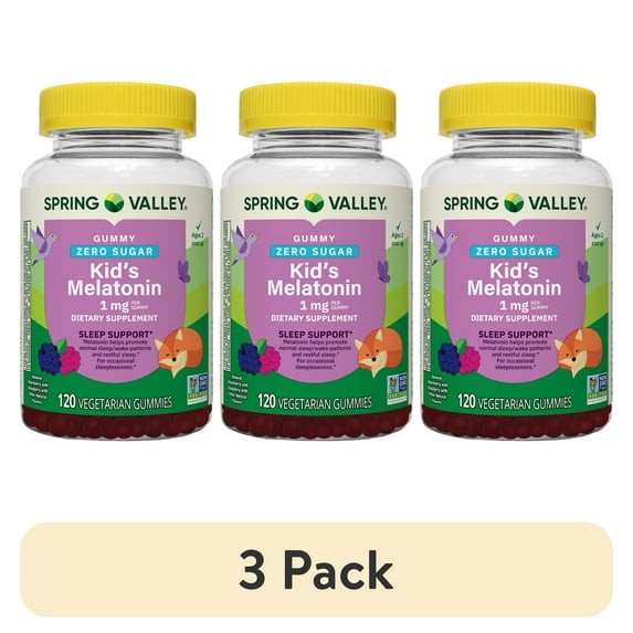 (3 pack) Spring Valley Zero Sugar Kids Melatonin Sleep Support Dietary Supplement Gummies, Raspberry and Blackberry, 1 mg, 120 Count