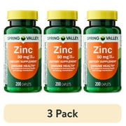 (3 pack) Spring Valley Zinc Dietary Supplement Caplets for Immune Health, 50 mg, 200 Count