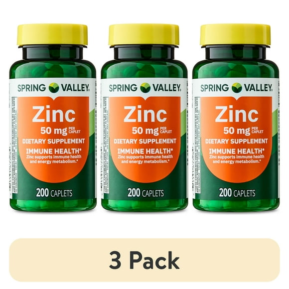 (3 pack) Spring Valley Zinc Dietary Supplement Caplets for Immune Health, 50 mg, 200 Count