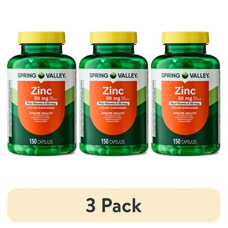 (3 pack) Spring Valley Zinc with Vitamin D, 50 mg, 150 Count, Dietary Supplement Capsules for Immune Health