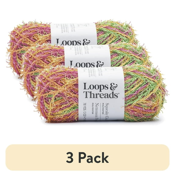 (3 pack) Squeaky Clean Prints Yarn by Loops & Threads - Yarn for Knitting - Crochet - Weaving - and Arts & Crafts - Brights - Polyester - 3 oz