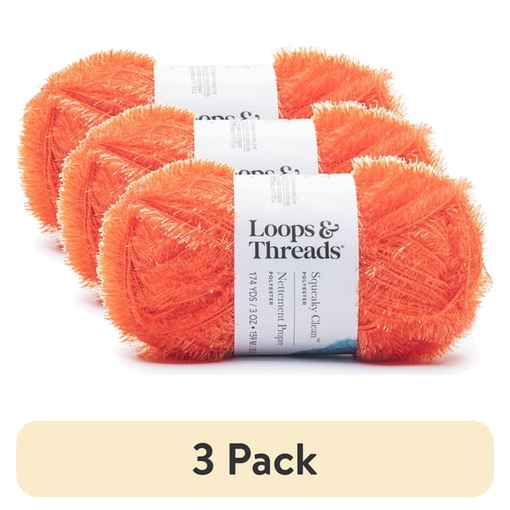 (3 pack) Squeaky Clean Sparkle Yarn by Loops & Threads - Yarn for Knitting - Crochet - Weaving - and Arts & Crafts - Orange - Polyester - 3 oz