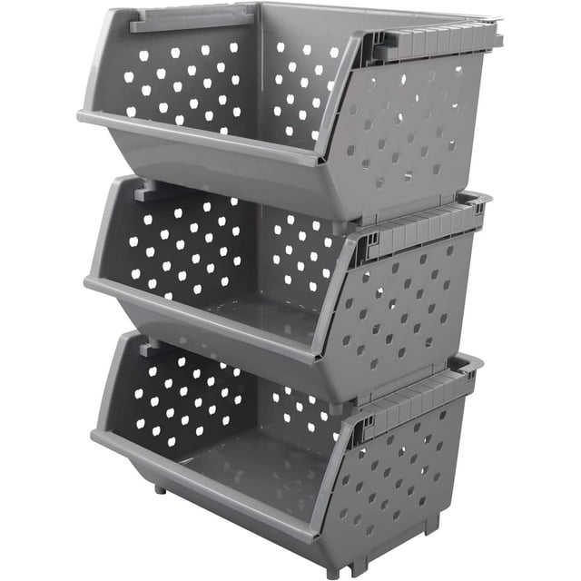 3pack Stackable Storage Baskets, Plastic Stacking Organizer Bins