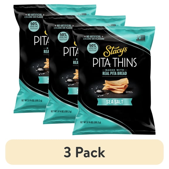 (3 pack) Stacys No Artificial Colors or Flavors Sea Salt Pita Thins Bag, 6.75. oz