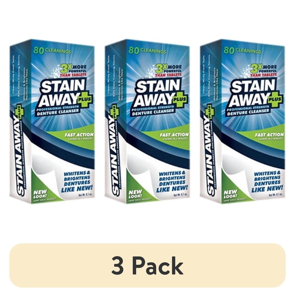 (3 pack) Stain Away Plus Antibacterial Denture Cleanser, 5-Minute Fast Action Whitening Formula, 80 Cleanings, 8.1 oz