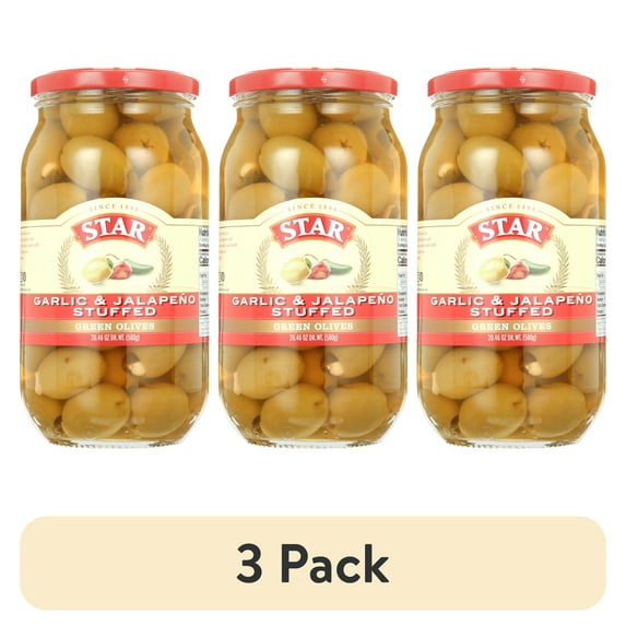 (3 pack) Star Jumbo Double Stuffed Olives -Garlic & Jalapeno, 20.46 oz Jar