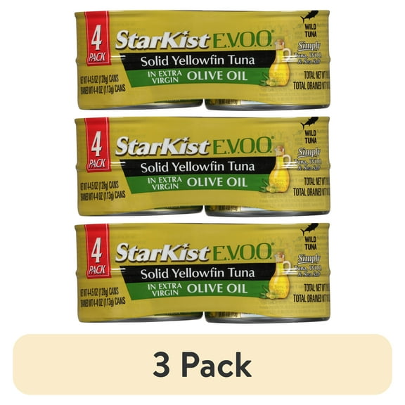 (3 pack) StarKist E.V.O.O. Solid Yellowfin/Light Tuna in Extra Virgin Olive Oil, 4.5 oz, 4 Cans, Packaging May Vary