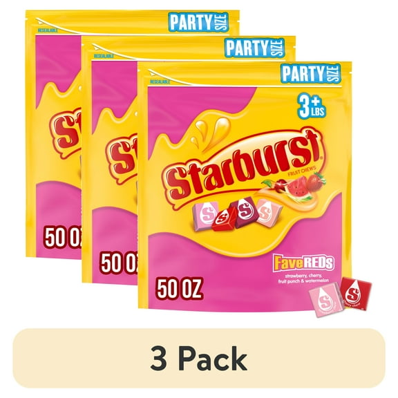 (3 pack) Starburst FaveREDs Fruit Chews Chewy Candy Party Size 50 Ounce Resealable Bag
