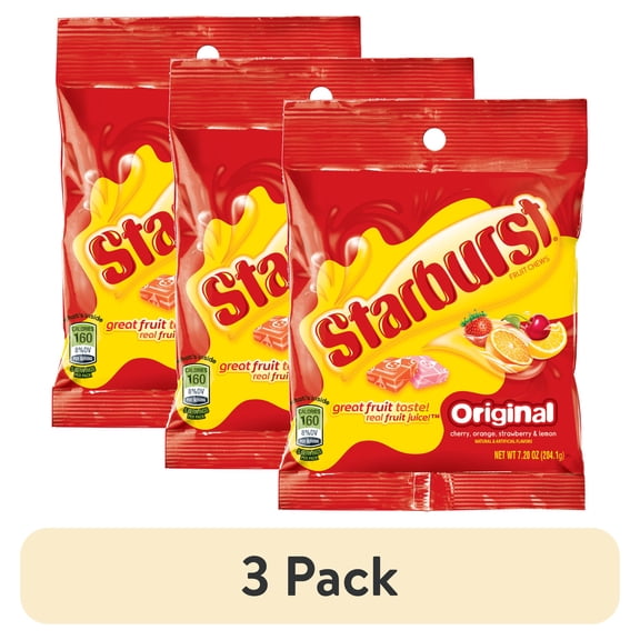 (3 pack) Starburst Fruit Chews Original Cherry, Orange, Strawberry & Lemon Gummy's, 7.20oz, Plastic Bag