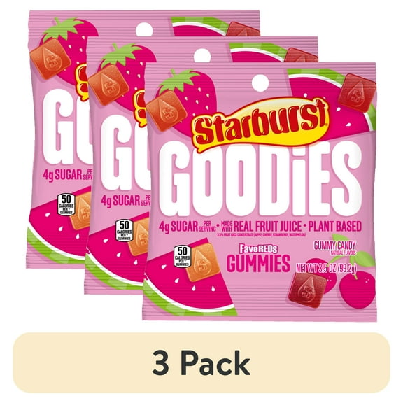 (3 pack) Starburst Goodies FaveREDS Low Sugar Candy Plant-Based Fruit Gummy Candies - 3.5 oz Bag