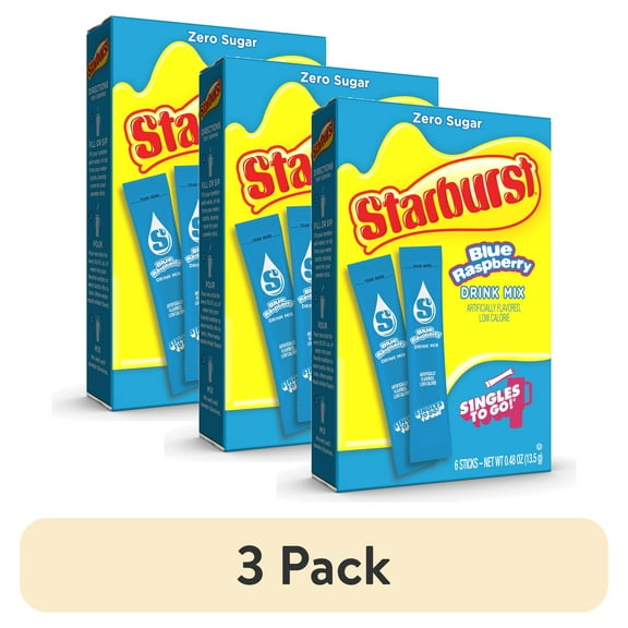 (3 pack) Starburst Zero Sugar Singles-to-Go Powdered Drink Mix, Blue Raspberry, 6 Count Packets