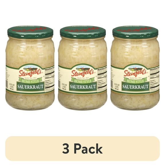 (3 pack) Steinfeld's Home Style Sliced Sauerkraut, Gluten-Free, 32 fl oz, Jar