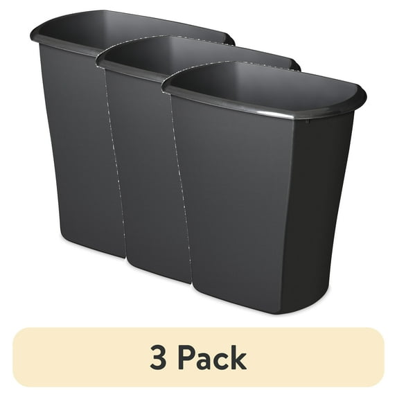 (3 pack) Sterilite Large Kitchen Trash Can, 10 Gallon Plastic Garbage Bin with No Lid, Black