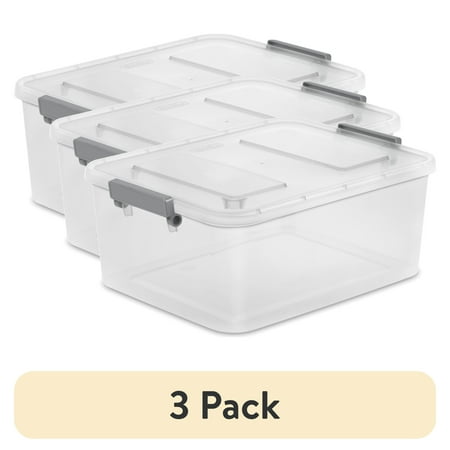 (3 pack) Sterilite Modular 12.7 Quart Small Latching Storage Bin, Clear Plastic Storage Container with Write-on ID Latches, Gray