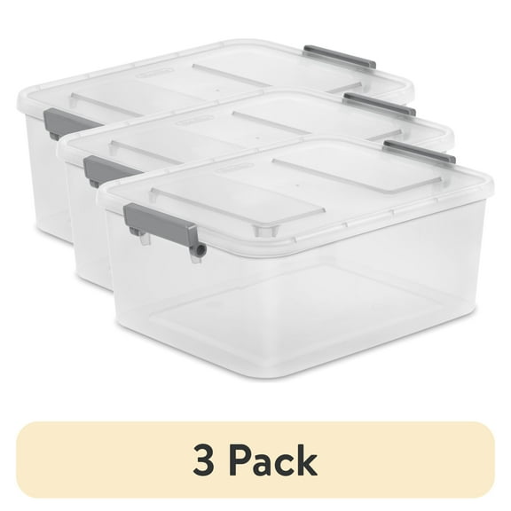 (3 pack) Sterilite Modular Small Storage Bin, 12.7 Quart Latching Clear Plastic Storage Container with Write-on ID Latches, Gray
