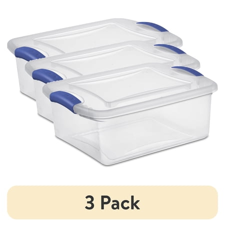 (3 pack) Sterilite 15 Quart Small Latching Storage Bin, Clear Plastic Storage Container with Latch Lid, Blue