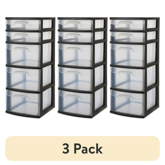 (3 pack) Sterilite 5 Drawer Tower, with both Shallow and Deep Clear Plastic Drawers, Black
