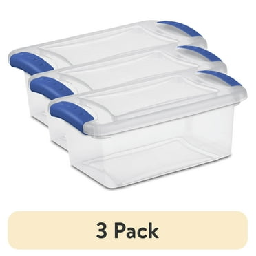 (3 pack) Sterilite 7 Quart Latch Box, Clear Plastic Storage Bin with Clear Lid, Blue