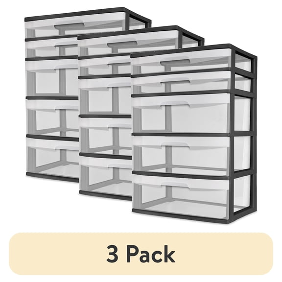 (3 pack) Sterilite 5 Drawer Wide Tower, with both Shallow and Deep Clear Plastic Drawers, Black