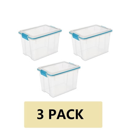 ( 3 pack)Sterilite Small Storage Bin, 20 Quart Clear Plastic Storage Container with Gasket Lid, Blue