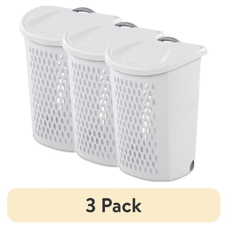 (3 pack) Sterilite Ultra™ Wheeled Hamper, Plastic Laundry Hamper with Handle and Wheels for Easy Transport, White