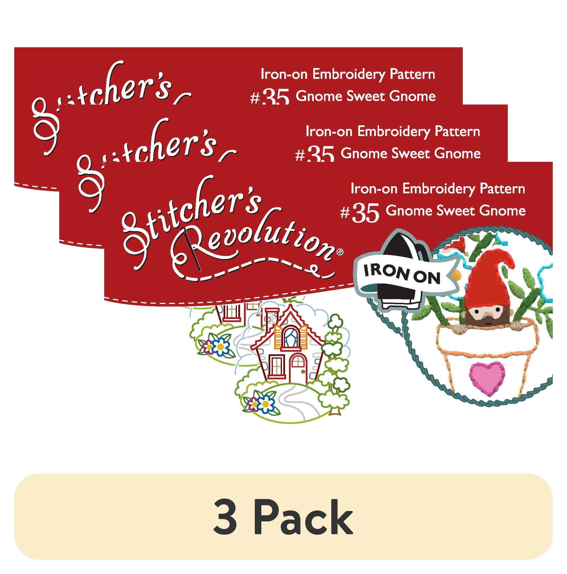 (3 pack) Stitcher's Revolution Gnome Sweet Gnome Iron On Transfer Embroidery Pattern, 9 Designs