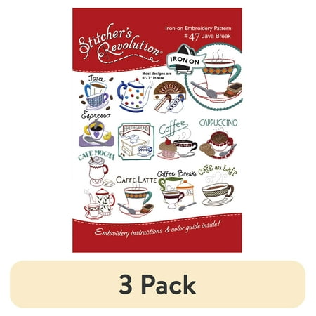 (3 pack) Stitcher's Revolution Brand Java Break Iron-on Transfer Pattern for Embroidery Coffee Themes
