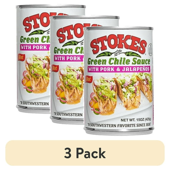 (3 pack) Stokes Green Chile Sauce with Pork & Jalapenos, Hot, 15 oz Can