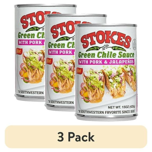 (3 pack) Stokes Green Chile Sauce with Pork & Jalapenos, Hot, 15 oz Can