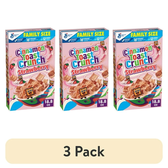 (3 pack) Cinnamon Toast Crunch Strawberry Breakfast Cereal, Crispy, Family Size, 18.8 oz
