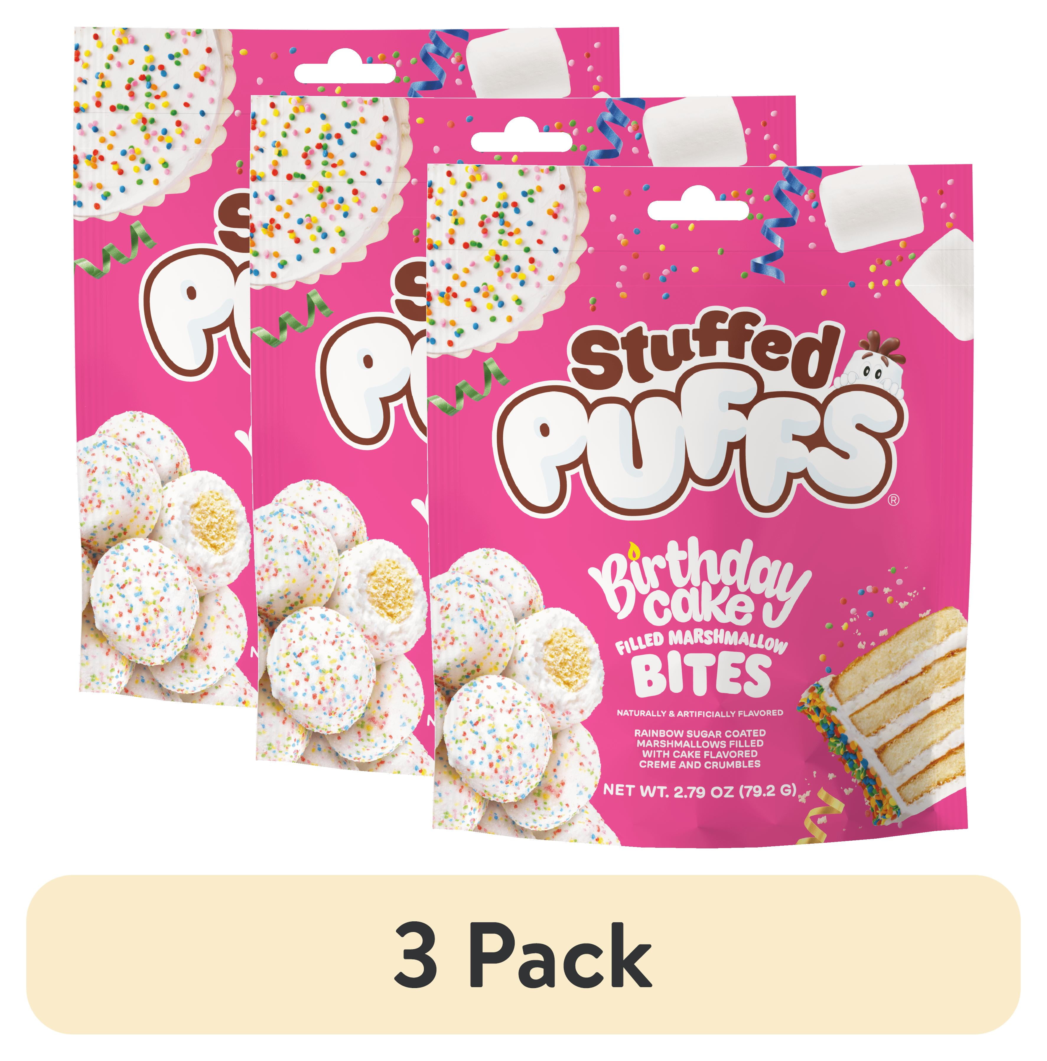 3 pack) Stuffed Puffs Filled Marshmallow Bites, Birthday Cake