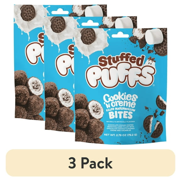 (3 pack) Stuffed Puffs Filled Marshmallow Bites, Cookies n Creme, 2.79 oz Bag