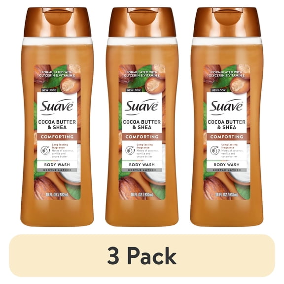 (3 pack) Suave Cocoa Butter + Shea Moisturizing Body Wash with Glycerin & Vitamin E, 18 FL OZ
