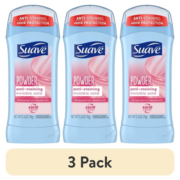 (3 pack) Suave Invisible Solid Antiperspirant Deodorant, Powder, Unisex, 2.6 oz