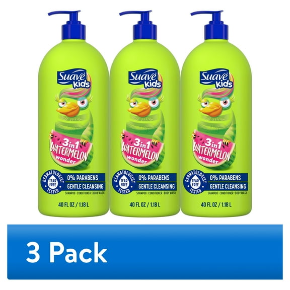 (3 pack) Suave Kids 3-in-1 Shampoo, Conditioner & Body Wash, Watermelon, Tear Free Formula, 40 fl oz